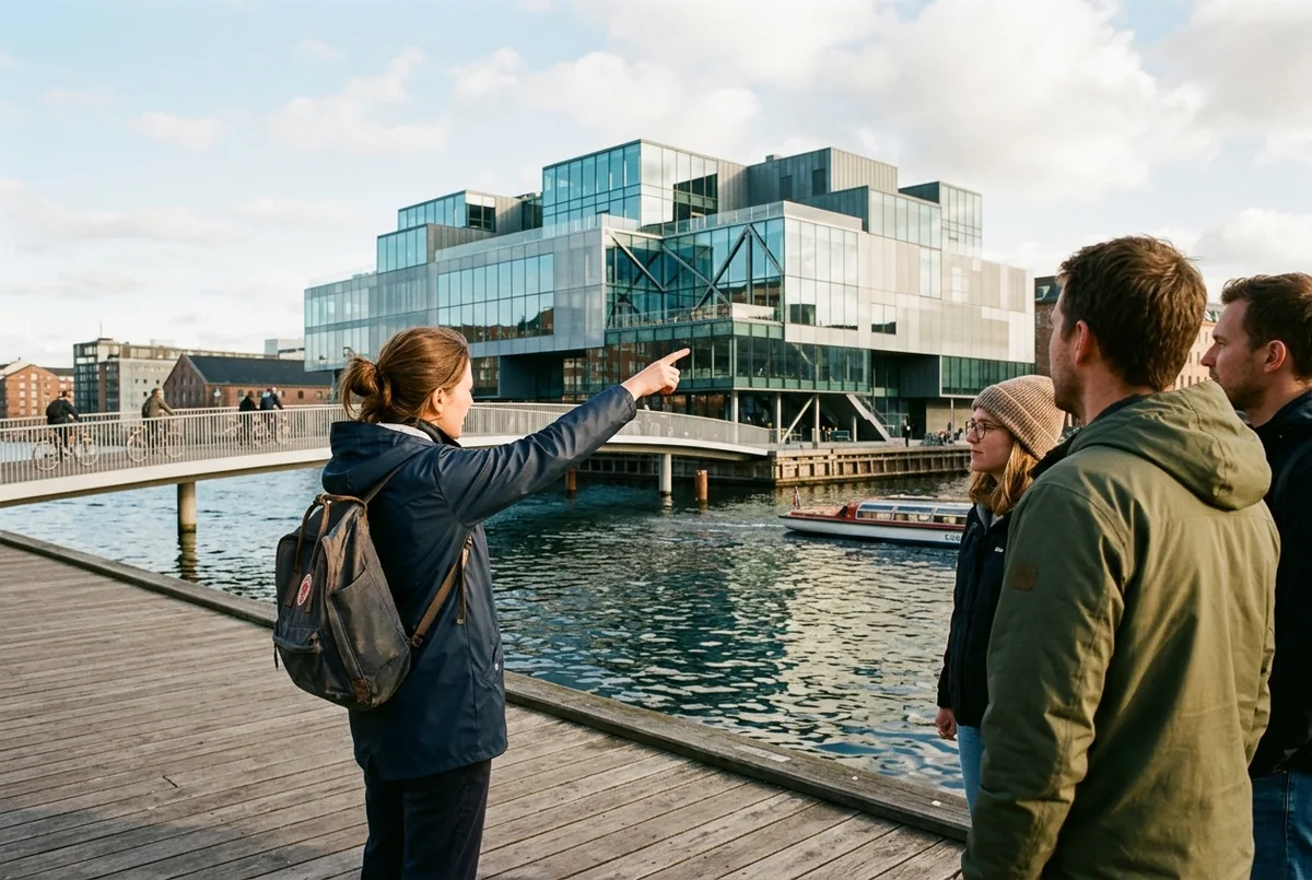 Guide pointing out a modern building's design to a small group of cyclists stopped near CopenHill's sloped rooftop ski run, illustrating an architecture bike tour copenhagen