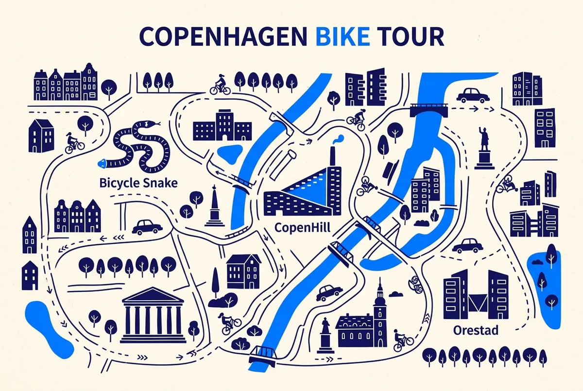 Simple labeled route map showing CopenHill, Orestad and the Bicycle Snake bridge as icon stops along a copenhagen architecture bike tour path, no text beyond place names
