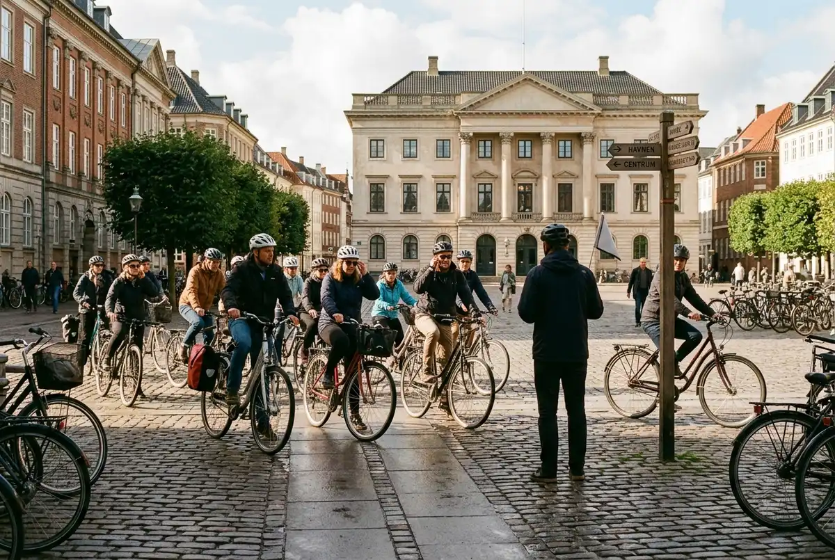 Editorial photo of cyclists setting off from a central Copenhagen square at the start of a guided copenhagen bike tour, with generic directional signage and no logos or text
