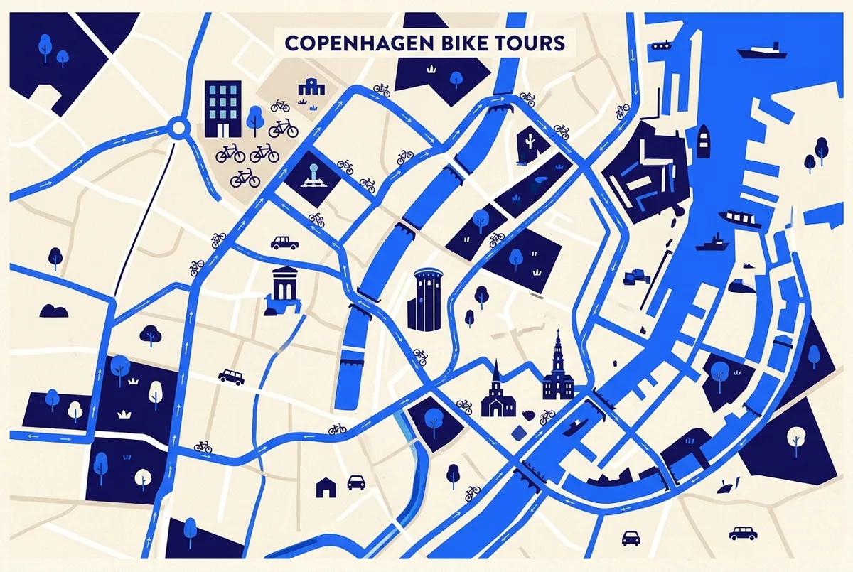 Simple map-style illustration of central Copenhagen showing a bike tour departure area, labeled bike lanes and the harbor, for a copenhagen bike tour companies guide
