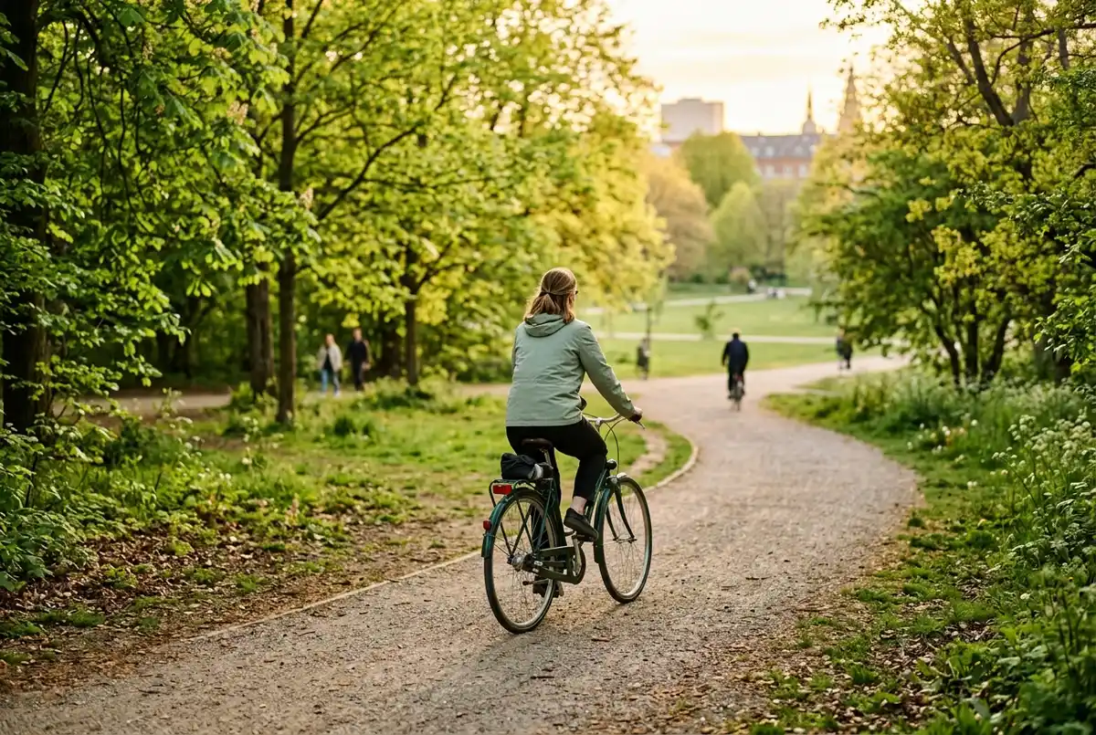 Cyclist riding through a copenhagen park in soft golden late-spring light with trees in fresh green leaf, illustrating best time to visit copenhagen for cycling