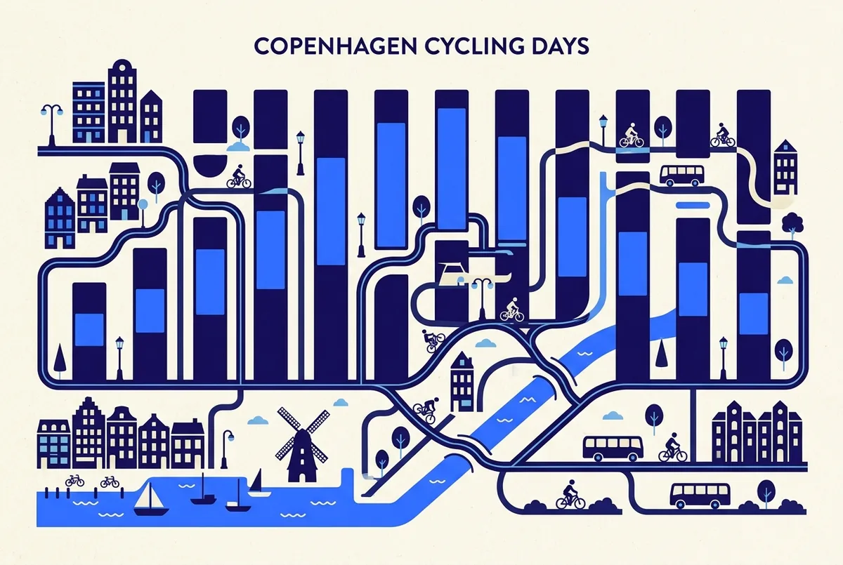 Simple bar-chart style infographic showing average daylight hours for each month in copenhagen from short winter days to long summer days, generic labels only, illustrating best time to cycle copenhagen