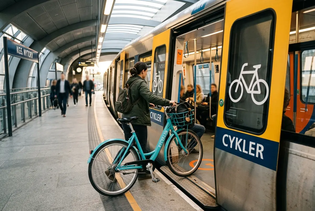 Resenär som rullar in en hyrcykel köpenhamn genom den breda dörren på ett s-tåg under förmiddagen