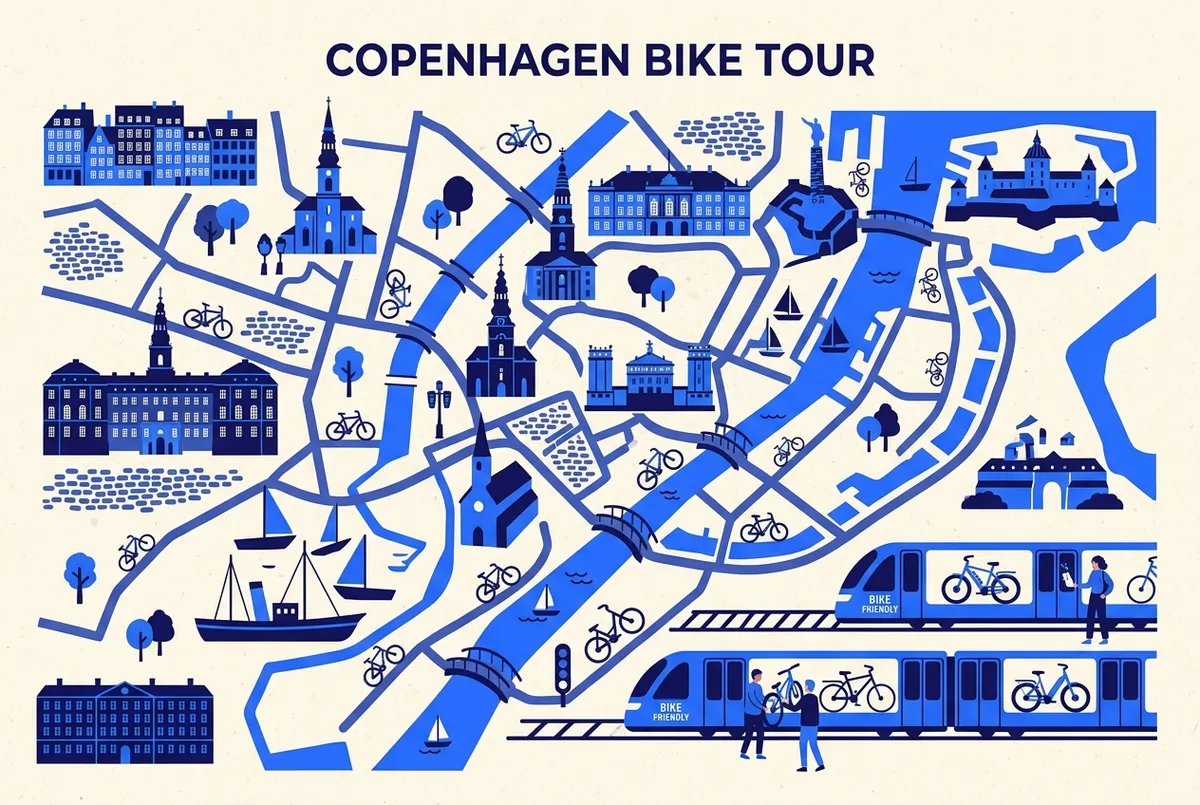 Enkel kartinfografik som visar s-tågslinjer, metrolinjer och busshållplatser runt centrala köpenhamn med en cykelikon vid de linjer som tillåter cyklar, illustrerar ta med cykel till köpenhamn