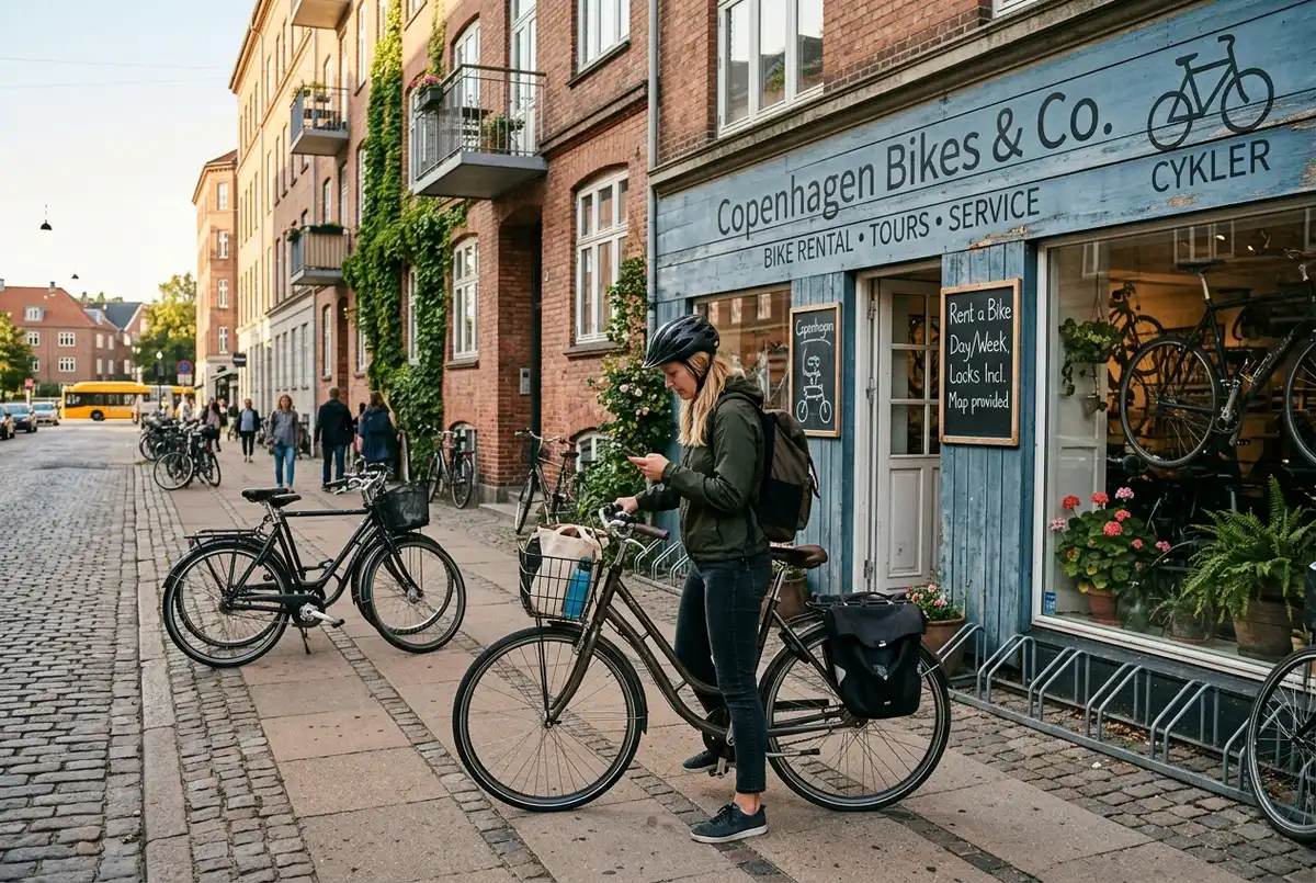 Cyclist checking a phone map outside a bike rental copenhagen near me shopfront in a residential neighborhood