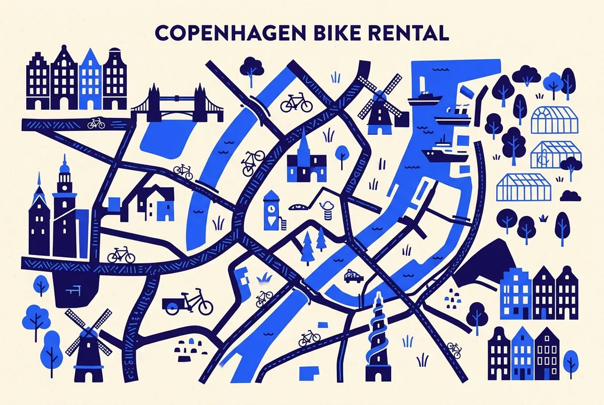 illustrated map of Copenhagen highlights for Where to Rent a Bike in Copenhagen by Neighborhood, bike rental copenhagen near me