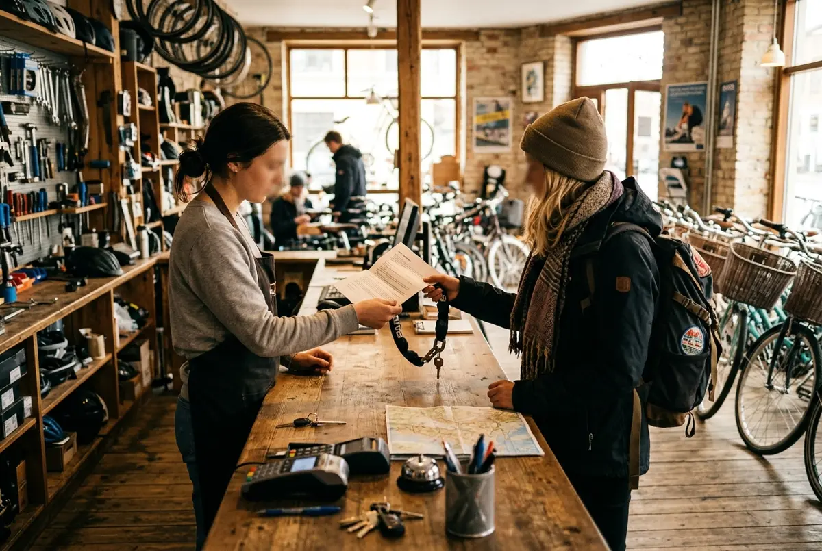 Winkelbediende overhandigt een huurcontract en fietsslot aan een reiziger bij een balie voor fiets huren kopenhagen prijs
