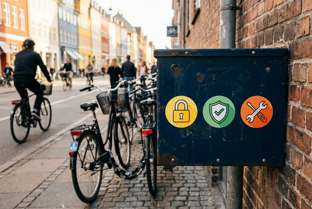 Vlakke illustratie iconen van een hangslot, een schild en een sleutel die slot, verzekering en reparatiedekking symboliseren voor fiets huren kopenhagen prijs