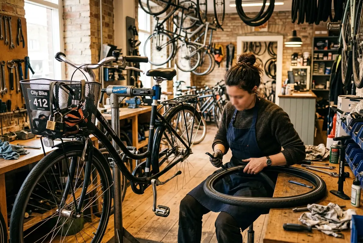 Bike shop mechanic repairing a flat tire on a rental bicycle inside a small copenhagen repair shop