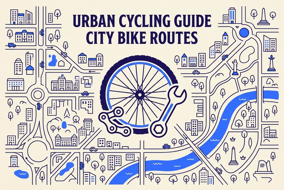 Simple infographic-style illustration showing a bicycle wheel, a chain link and a wrench icon representing common roadside bike fixes