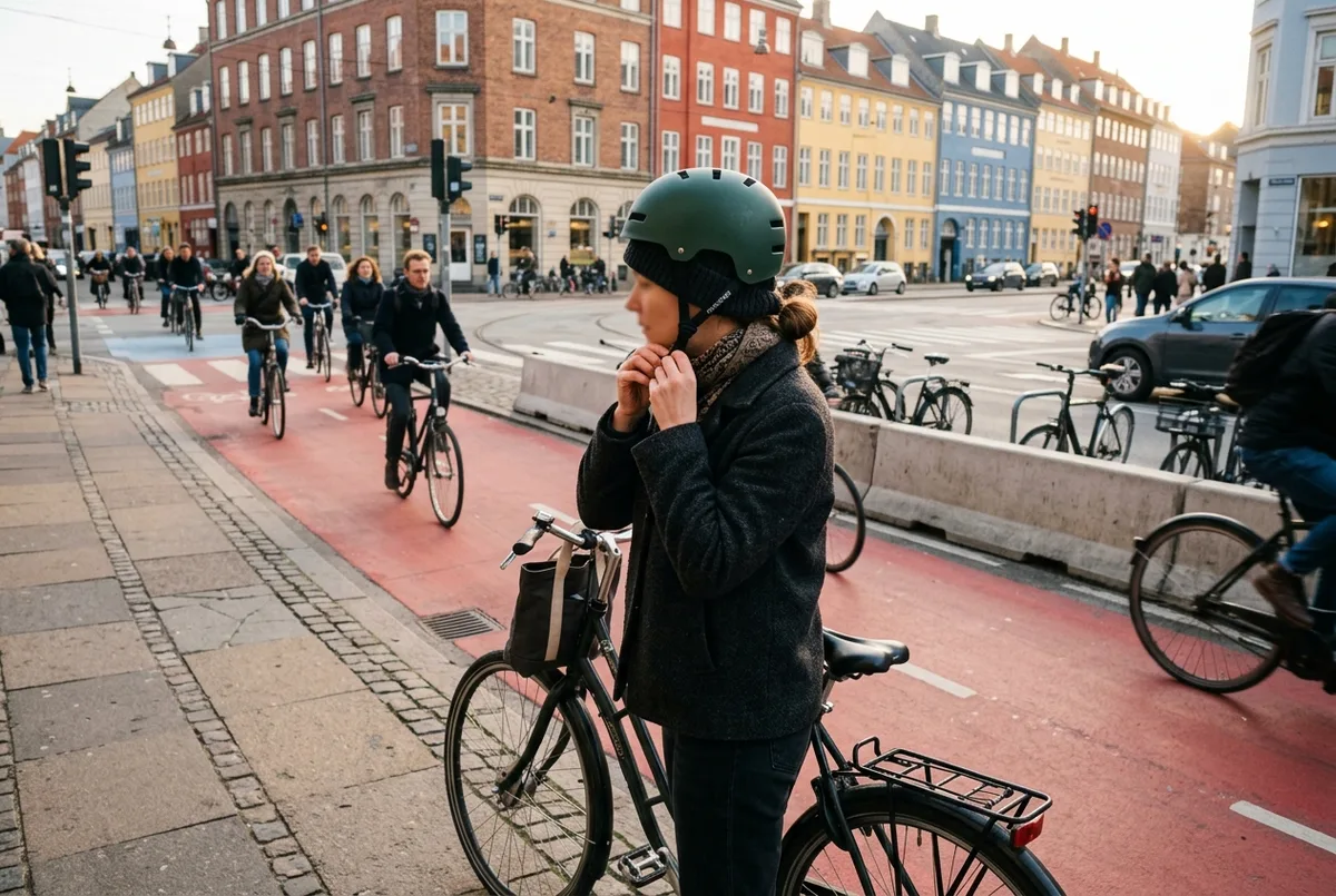Cyclist adjusting a copenhagen bike helmet strap before joining a busy protected bike lane