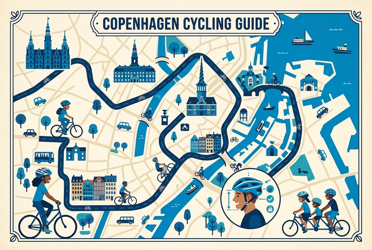 illustrated map of Copenhagen highlights for Helmet Laws, Bike Fit & Safety Tips for Cyclists in Copenhagen, copenhagen bike helmet