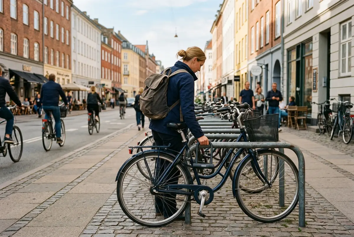 Cyclist locking a bicycle with a heavy U lock to a bike rack beside a copenhagen street