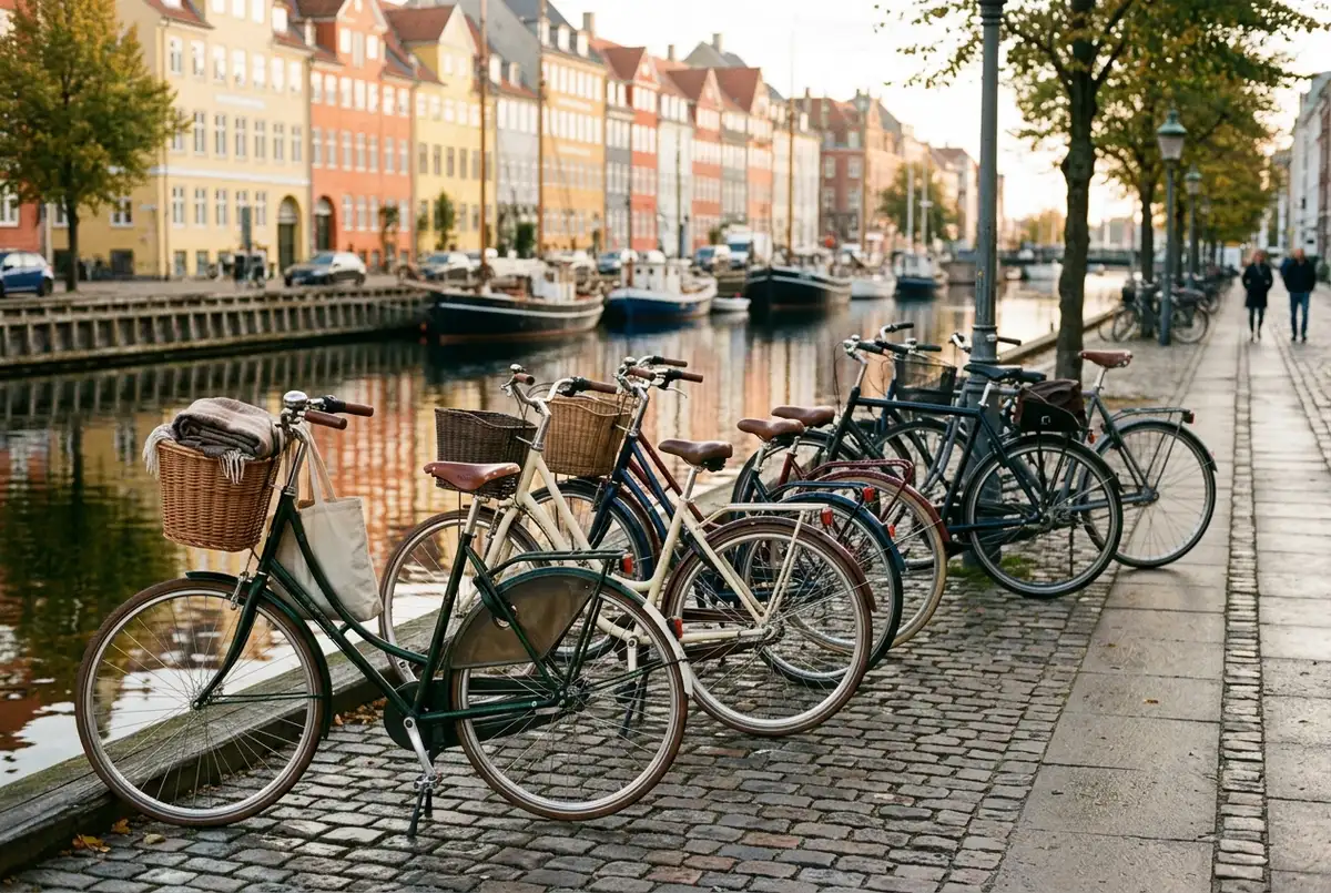 Række af klassiske københavner cykler i dame og herre udgave parkeret ved en kanalfront i København i blødt morgenlys
