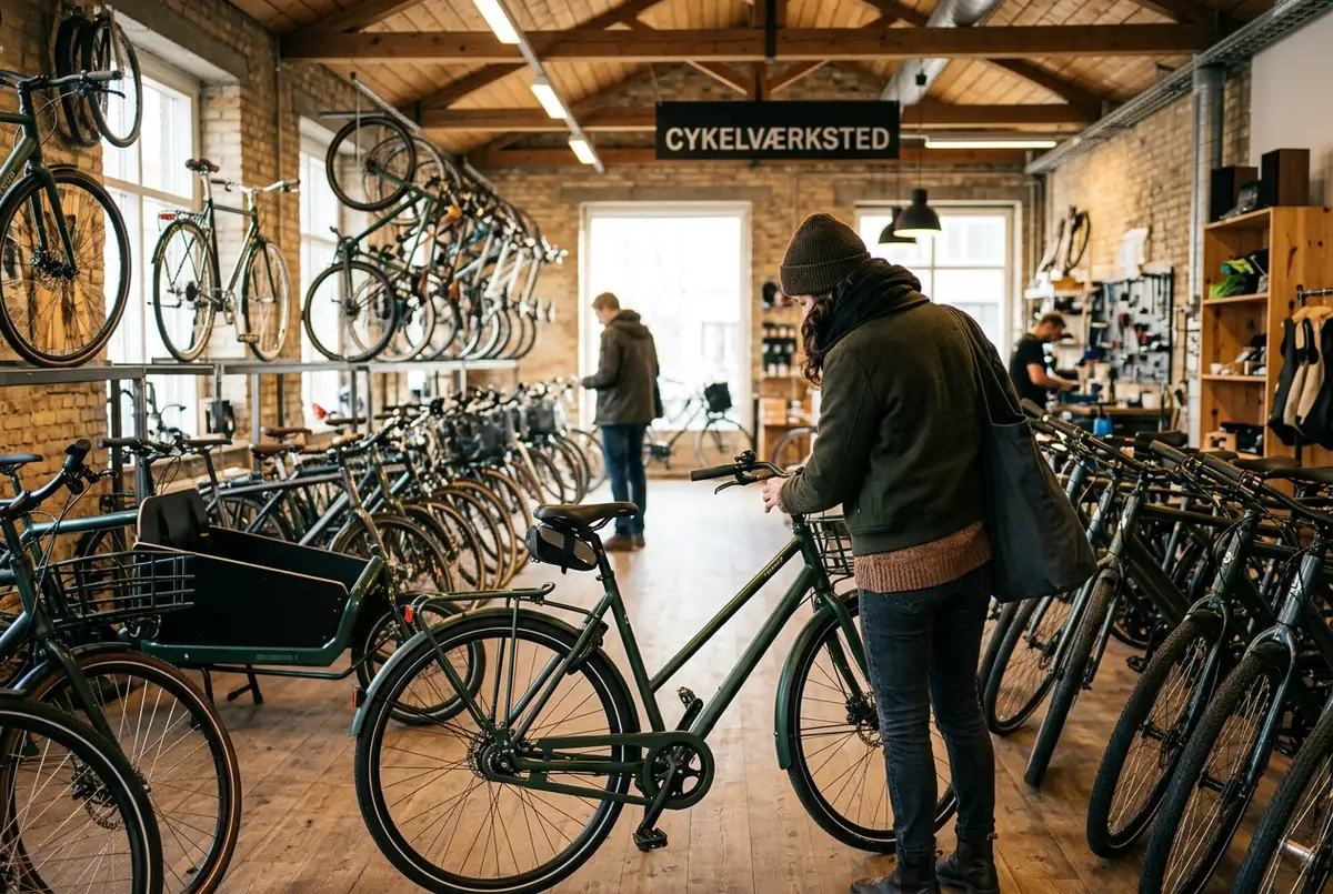 Visiteur examinant un vélo de ville neuf dans une boutique acheter un velo a copenhague lumineuse avec des rangées de vélos exposés