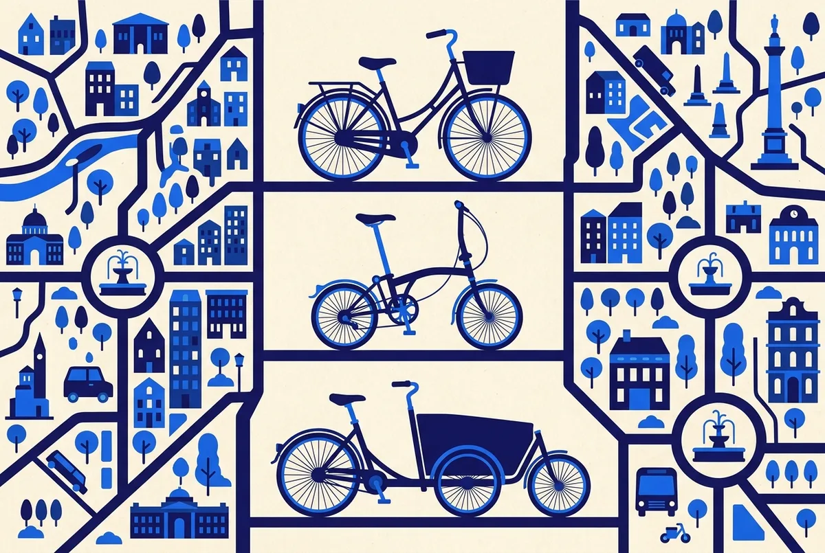 Overhead flat-style illustration comparing a classic upright city bike, a folding bike and a cargo bike as generic silhouettes