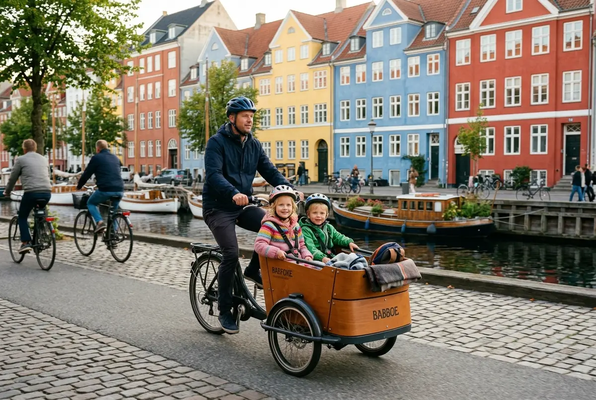 Famiglia su una bici cargo a tre ruote stile copenaghen con due bambini seduti nel cassone davanti a case colorate