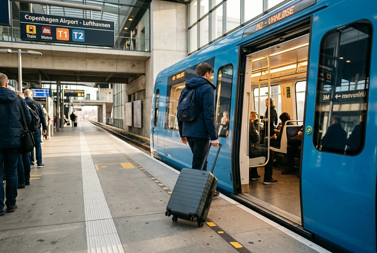 Traveler with rolling luggage boarding a copenhagen metro train directly from the airport platform, illustrating copenhagen airport to city center transport
