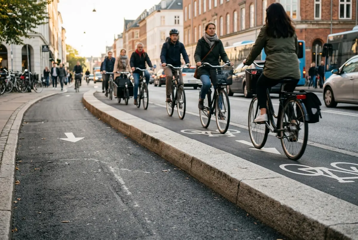 Cycliste roulant seul sur une large piste cyclable copenhague surélevée et séparée de la route par un trottoir en fin d'après midi