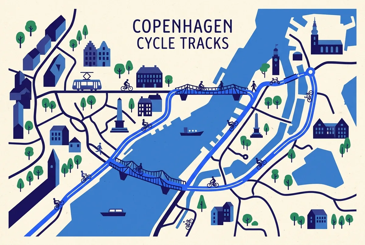 Carte stylisée du centre de Copenhague montrant les principaux axes de piste cyclable copenhague reliant les ponts, les places et le port
