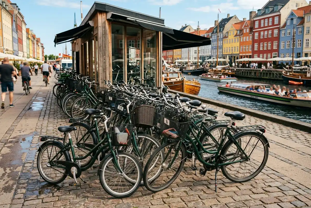 Viajero eligiendo una bicicleta entre una fila de bicis de alquiler frente a una tienda en Copenhague a media mañana