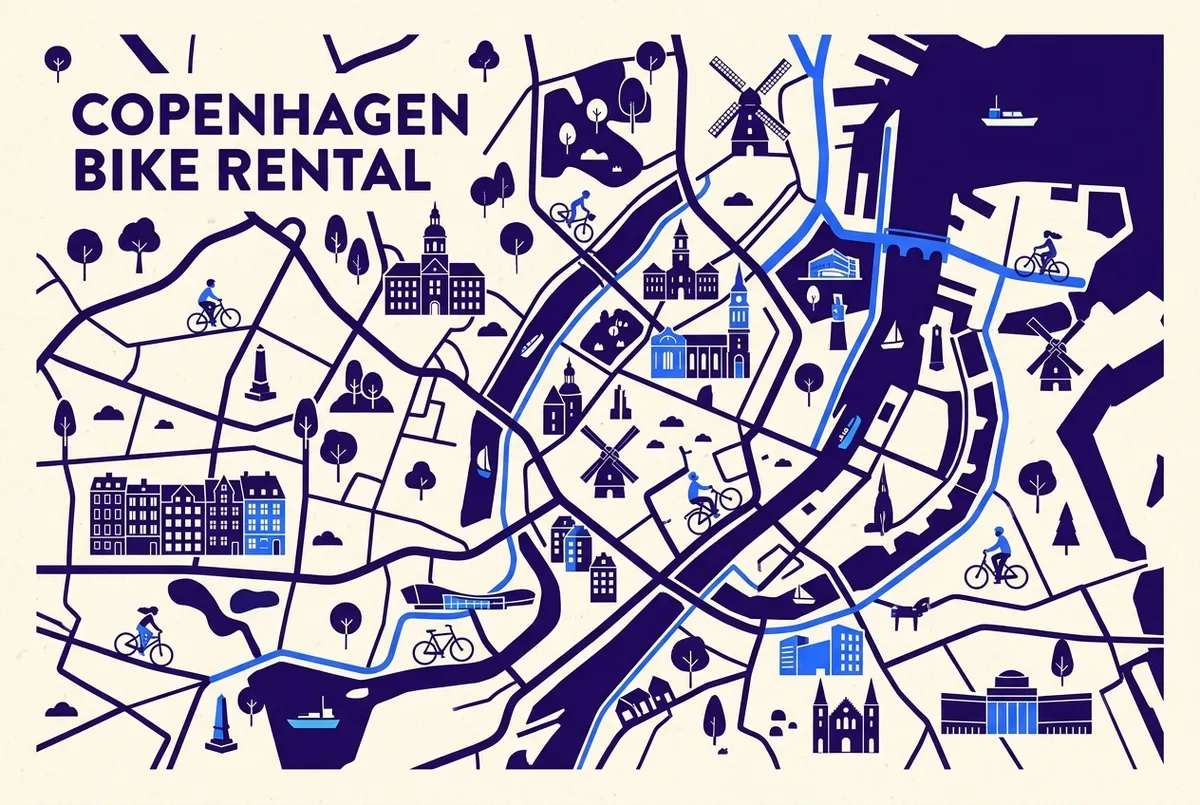 illustrated map of Copenhagen highlights for Copenhagen Bike Rental: Prices, Companies & How to Choose, copenhagen bike rental