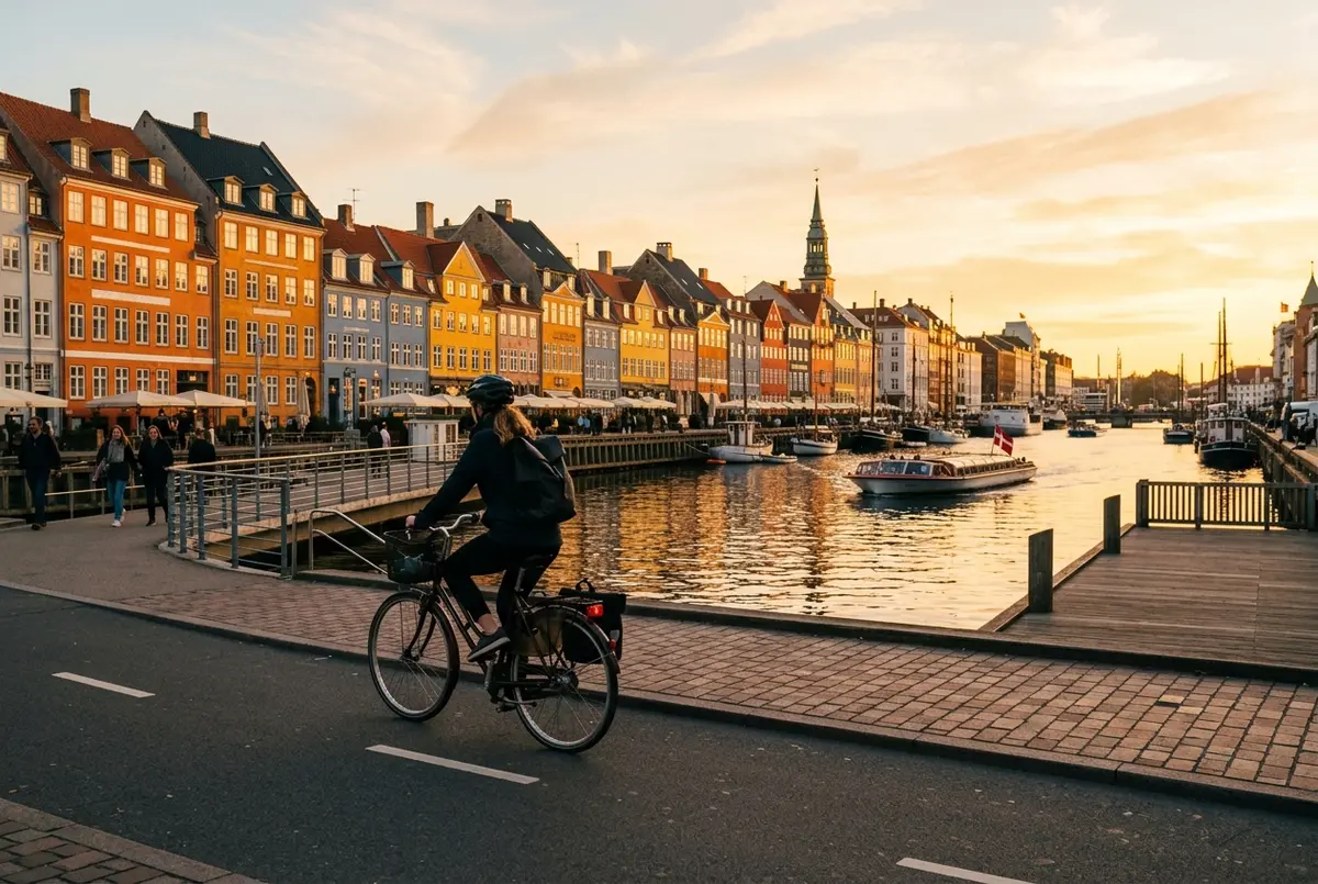 Cyklist set fra siden på en separeret cykelsti langs Københavns havnefront med farverige kanalhuse i baggrunden ved solnedgang