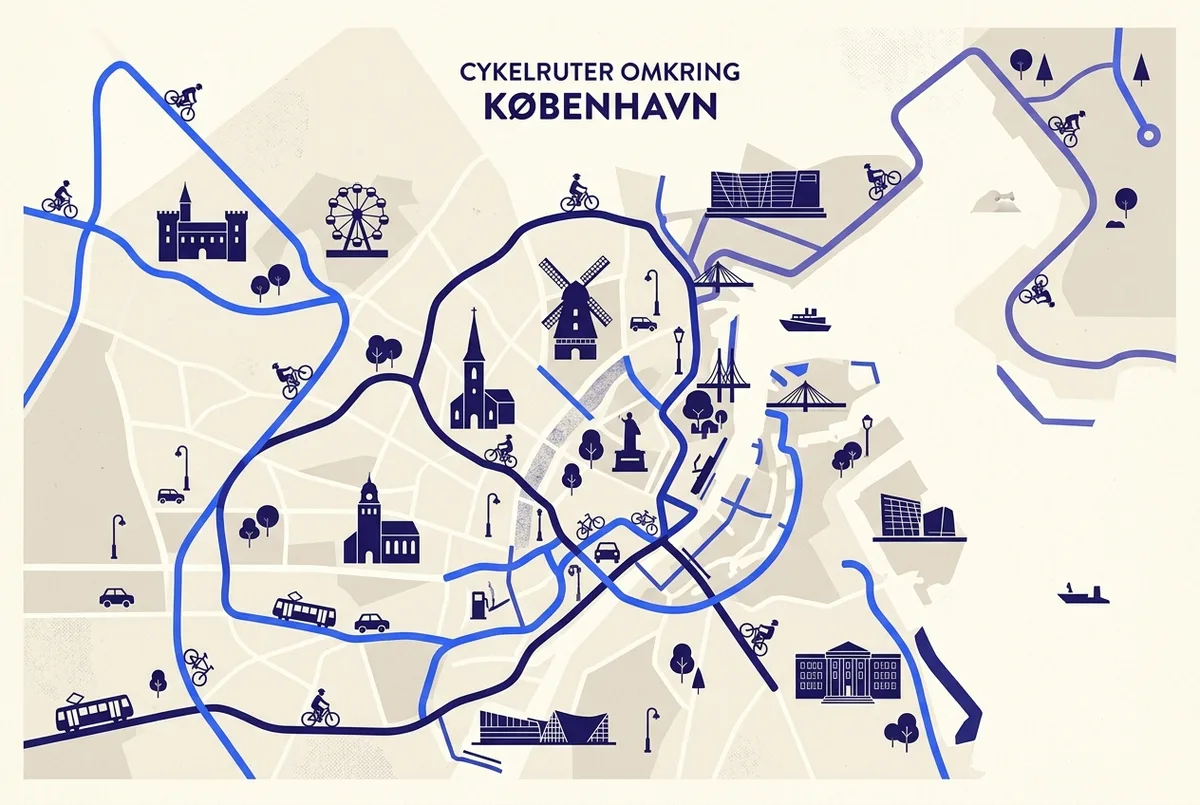 Kort over Københavns bedste cykelruter med farvede linjer for byruter, kystruter og udflugter til Nordsjælland, enkle ikoner for seværdigheder langs ruterne, flad infografisk stil