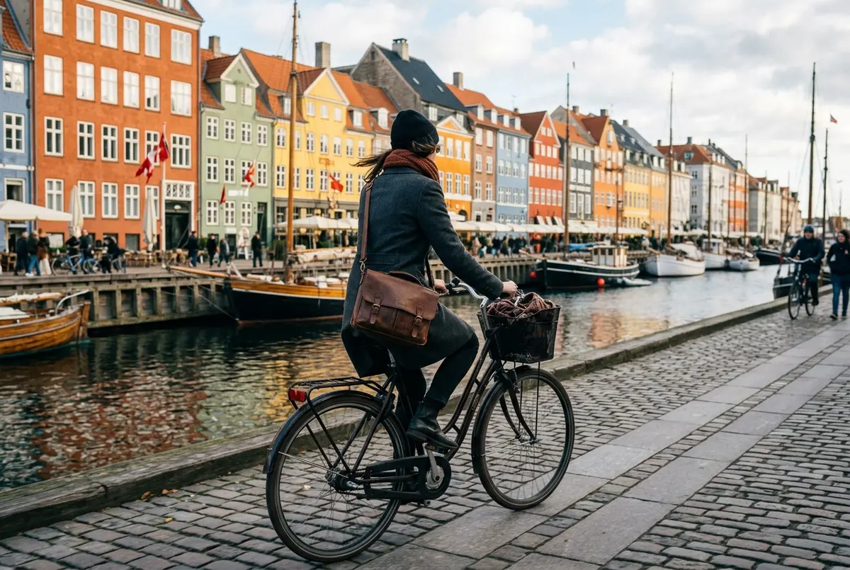 copenhagen cyclist in a tailored wool coat and leather satchel riding an upright bike past colorful nyhavn canal houses, candid street style mood, illustrating cycle chic copenhagen