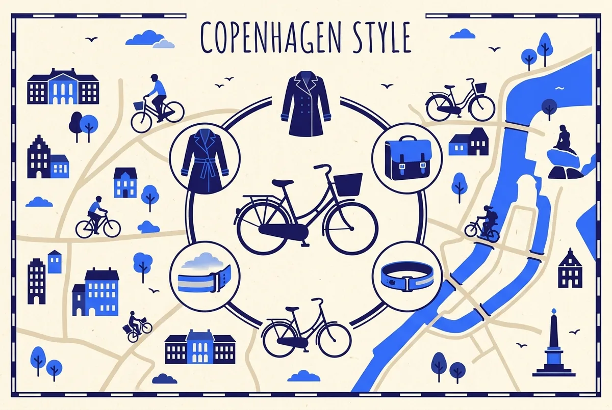 simple infographic showing icons of a wool coat, pannier bag, upright city bike and reflective ankle strap arranged around a bicycle silhouette, labeled copenhagen style bike essentials, illustrating cycle chic copenhagen