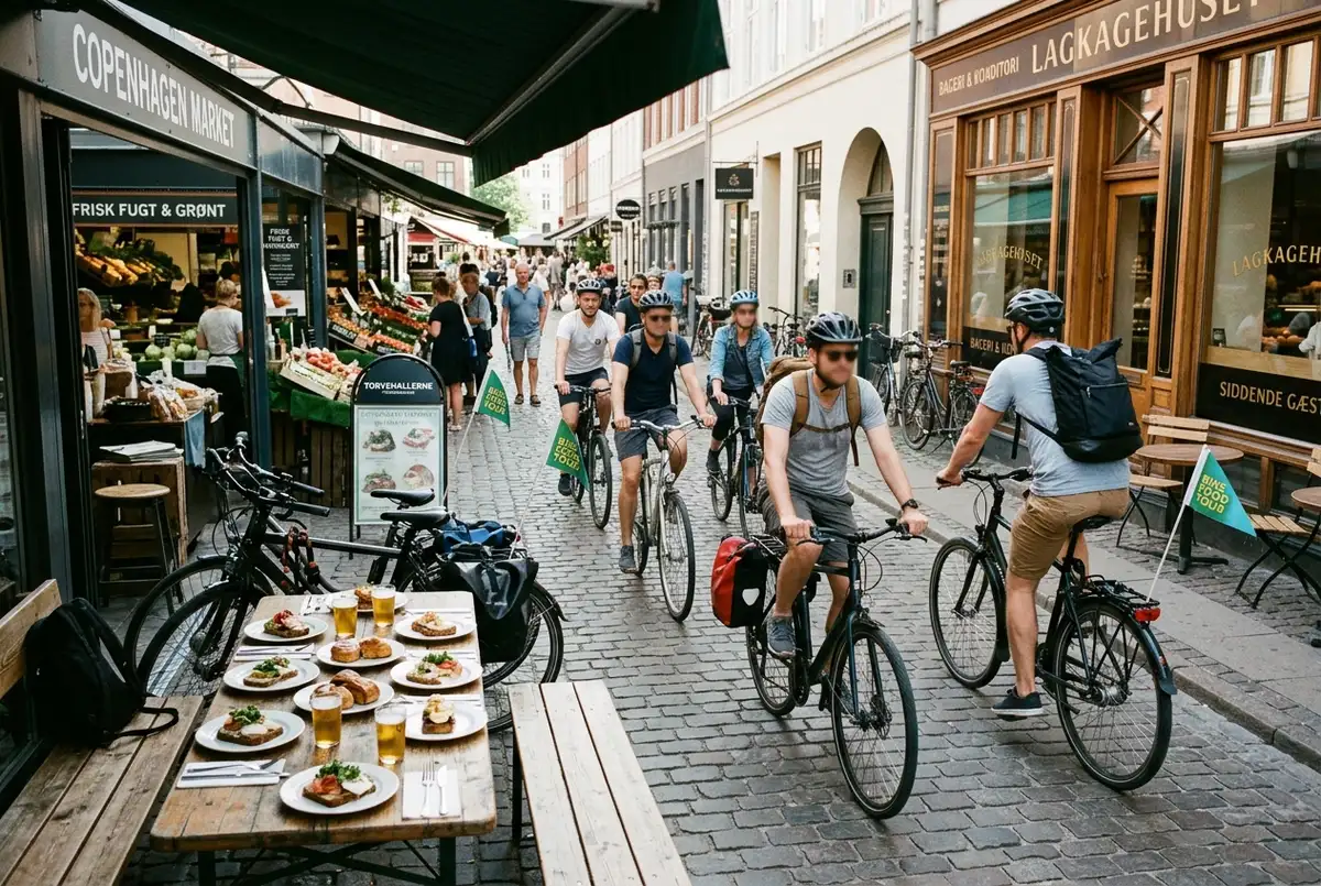 Petit groupe à vélo s'arrêtant pour déguster du smørrebrød sur une visite gourmande à vélo copenhague devant un marché couvert