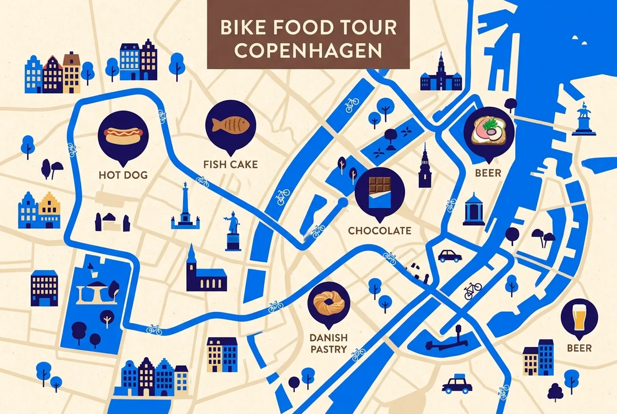 Infographie montrant six pictogrammes alimentaires alignés le long d'un itinéraire à vélo, hot-dog, fish cake, chocolat, smørrebrød, aquavit et pâtisserie, pour illustrer le parcours d'une visite gourmande à vélo copenhague