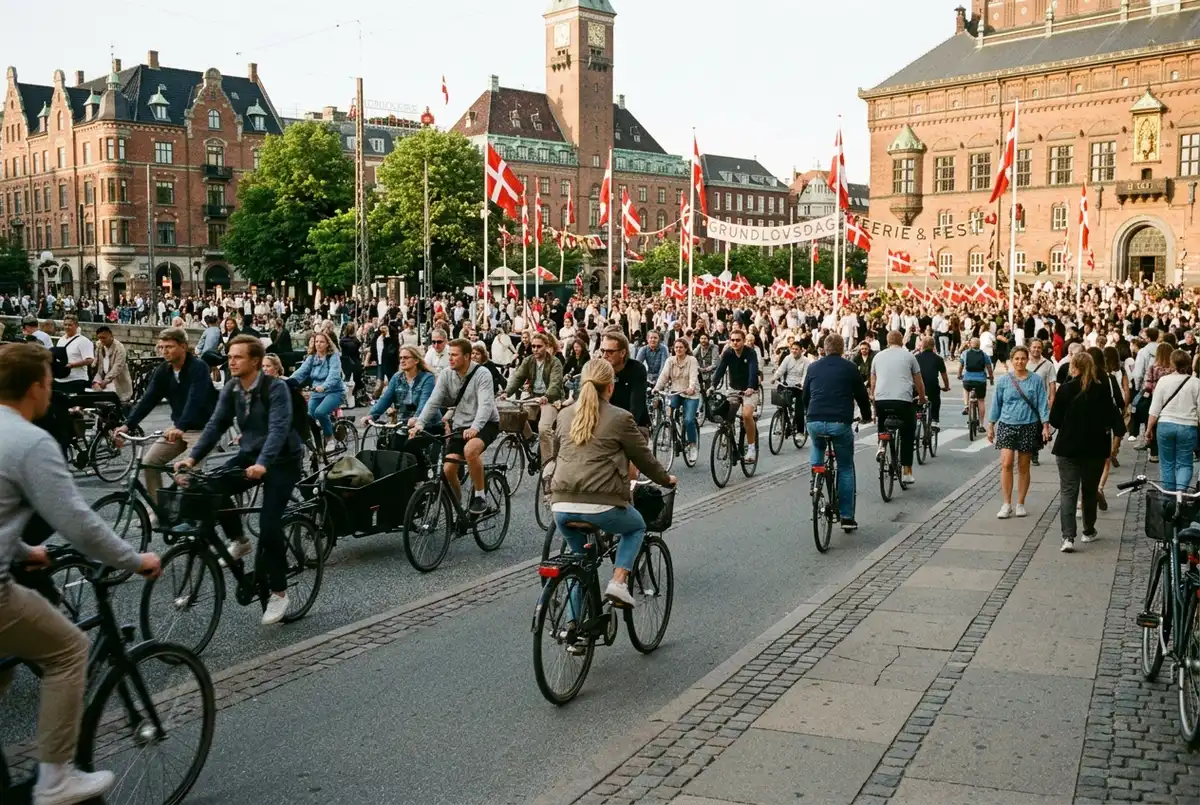 Busy copenhagen bike lane packed with cyclists and pedestrians near a city square decorated for a danish public holiday, illustrating copenhagen public holidays crowd calendar