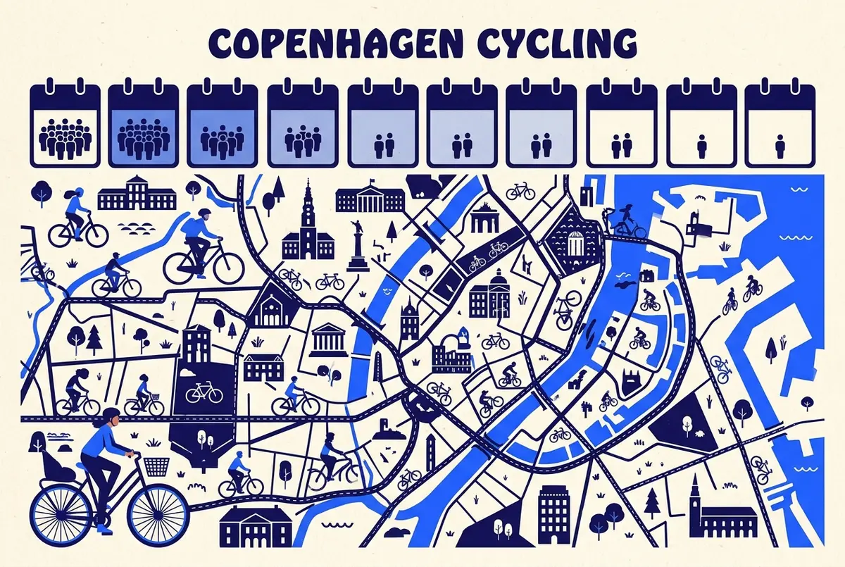 Simple calendar-style infographic marking copenhagen's busiest cycling weeks across the year with generic high-medium-low crowd labels, no specific statistics shown, illustrating copenhagen holiday crowd calendar