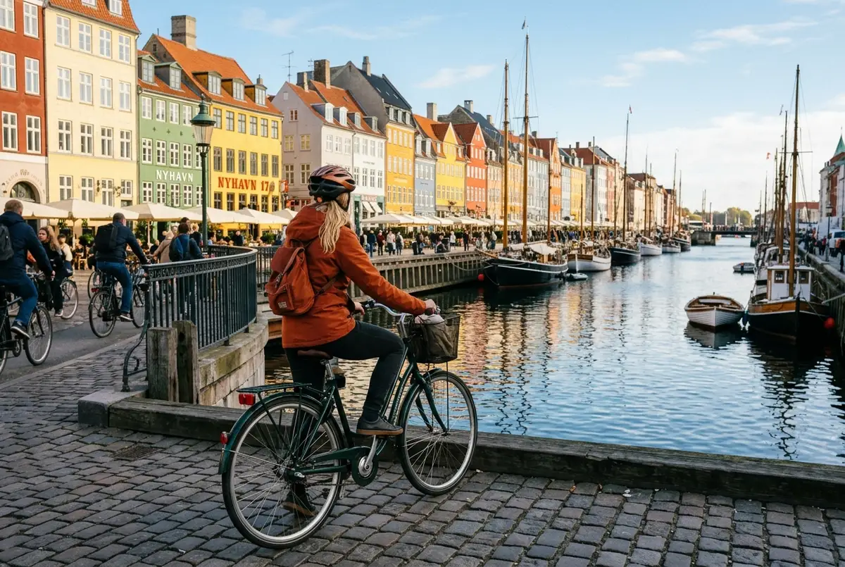 Fietser kijkt uit over de kleurrijke grachtenhuizen van Nyhavn vanaf een stadsfiets tijdens een fietsroute bezienswaardigheden kopenhagen in de ochtendzon