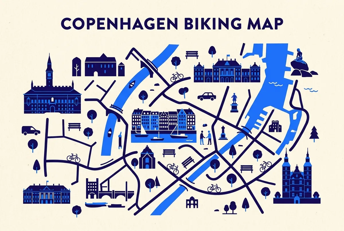Overzichtskaart van een fietsroute bezienswaardigheden kopenhagen met genummerde stops bij Rådhuspladsen, Nyhavn, Amalienborg, de Kleine Zeemeermin en Rosenborg Kasteel, infographic stijl