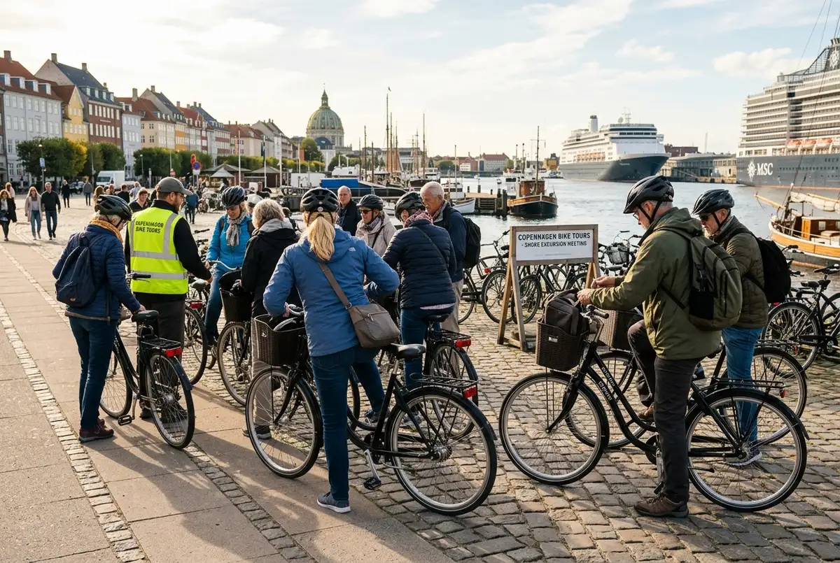 Kreuzfahrtpassagiere mit Tageshandtasche steigen auf Stadträder an einem Treffpunkt nahe dem Kopenhagener Hafen, Fahrradtour für einen kurzen Landgang