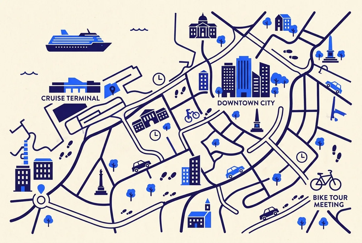 Einfache Infografik mit einer Hafenkarte, die den Kreuzfahrtterminal, die Innenstadt und den Treffpunkt einer Fahrradtour mit einer Gehzeit-Angabe zwischen den Punkten zeigt, flacher Stil ohne reale Firmennamen