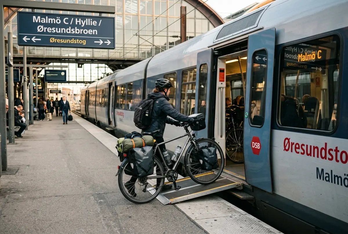 Radfahrer schiebt ein bepacktes Fahrrad auf einen Regionalzug am Bahnhof Kopenhagen, im Hintergrund ein Hinweisschild zur Öresundbrücke, dieser Zug bringt Fahrrad und Radler von Kopenhagen nach Malmö