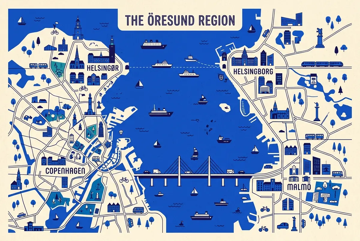 Stilisierte Kartenillustration des Öresunds mit Kopenhagen und Malmö im Süden über die Öresundbrücke verbunden und Helsingør und Helsingborg weiter nördlich über eine kurze Fährlinie, flacher Infografik-Stil ohne Beschriftung von Zahlen