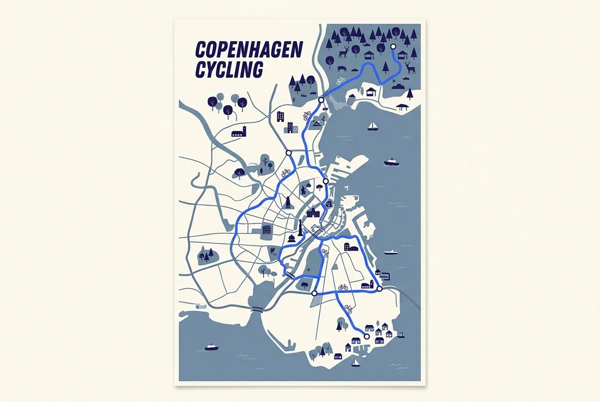 Simple map-style infographic showing cycling routes from central Copenhagen north to Dyrehaven's forest and south to the coastal village of Dragør, labeled with distance markers, for planning bike day trips from Copenhagen