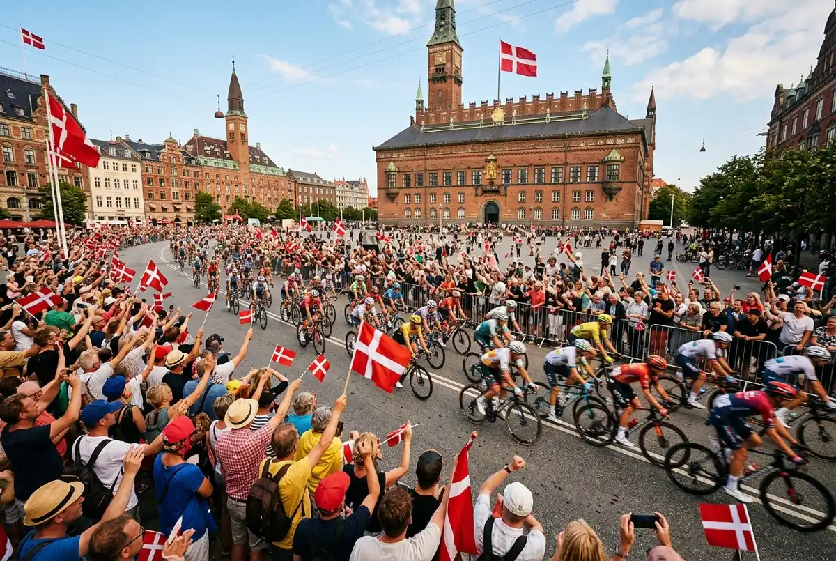 Grupp amatörcyklister i startled vid ett köpenhamn cykeltävling lopp på en bred gata med publik längs sidorna en solig morgon