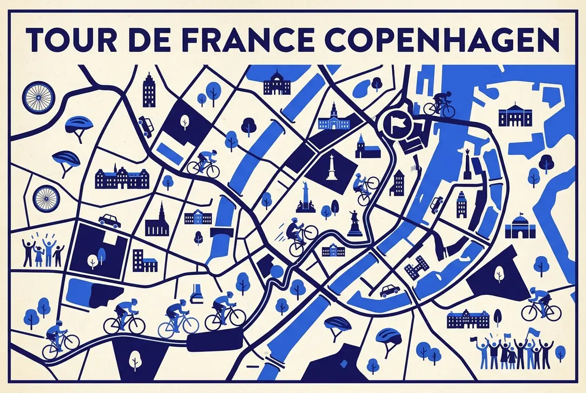 simple map infographic marking the 2022 tour de france grand depart route through copenhagen city center with a start flag icon, illustrating copenhagen bike race and cycling events