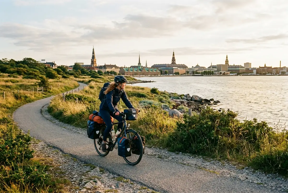 Fietstoerist met volgepakte fietstassen rijdt over een landweg richting kopenhagen met windmolens op de achtergrond in de late namiddag