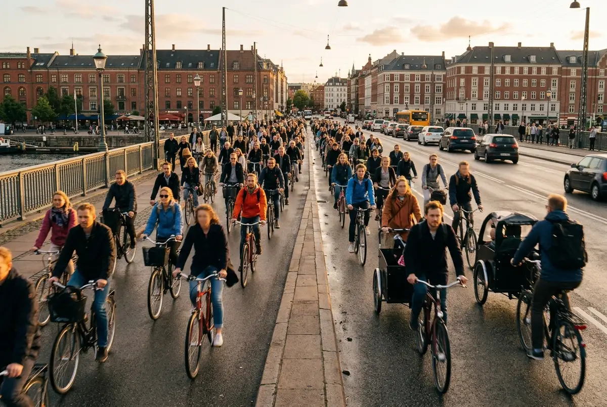 Wide stream of commuters cycling together in a protected copenhagen bike lane at golden hour, capturing everyday cycling in copenhagen