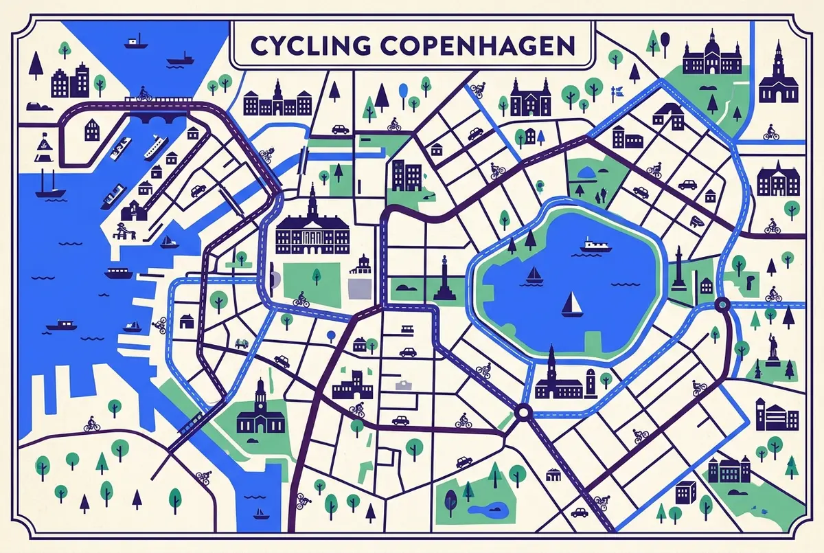 Simple infographic-style map showing a stylized central copenhagen with highlighted bike lane routes connecting a harbor, a palace square, and a central lake, labeled as a cycling copenhagen overview map