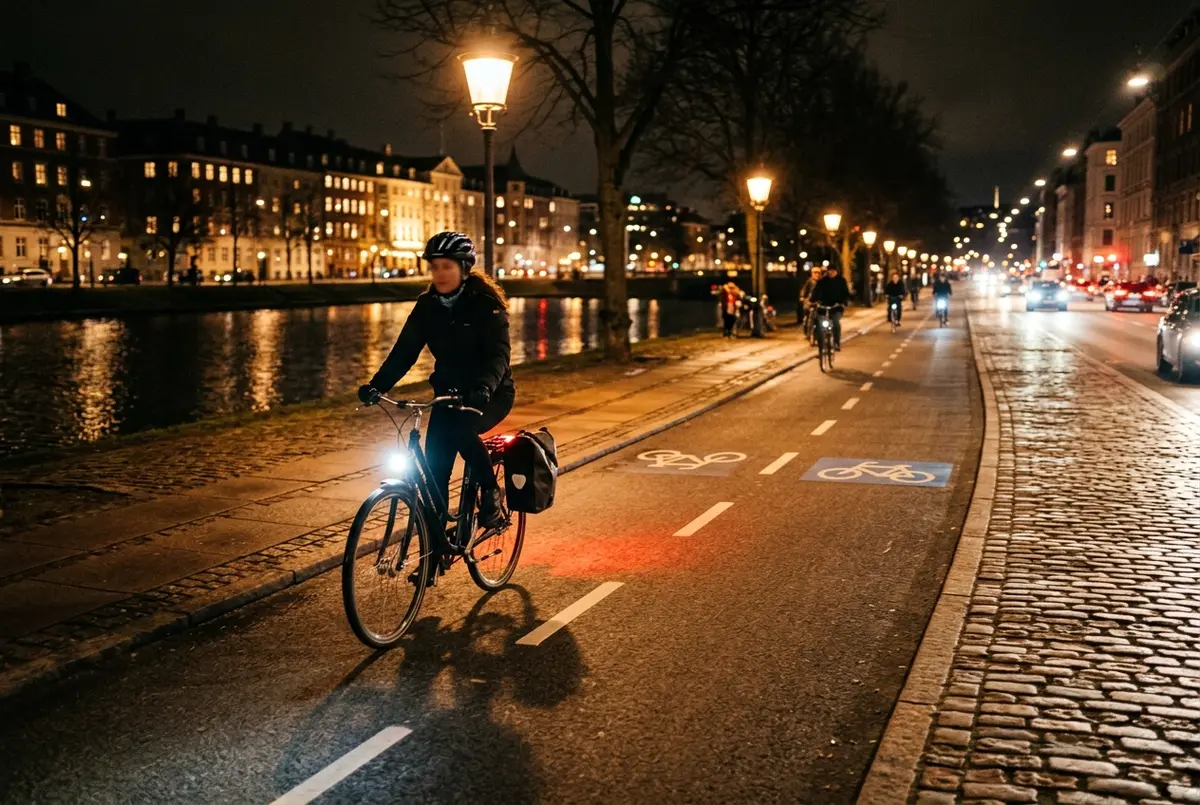 Cyclist riding a copenhagen bike lane at night lit by warm streetlights with a bright white front light, illustrating is it safe to cycle in copenhagen at night