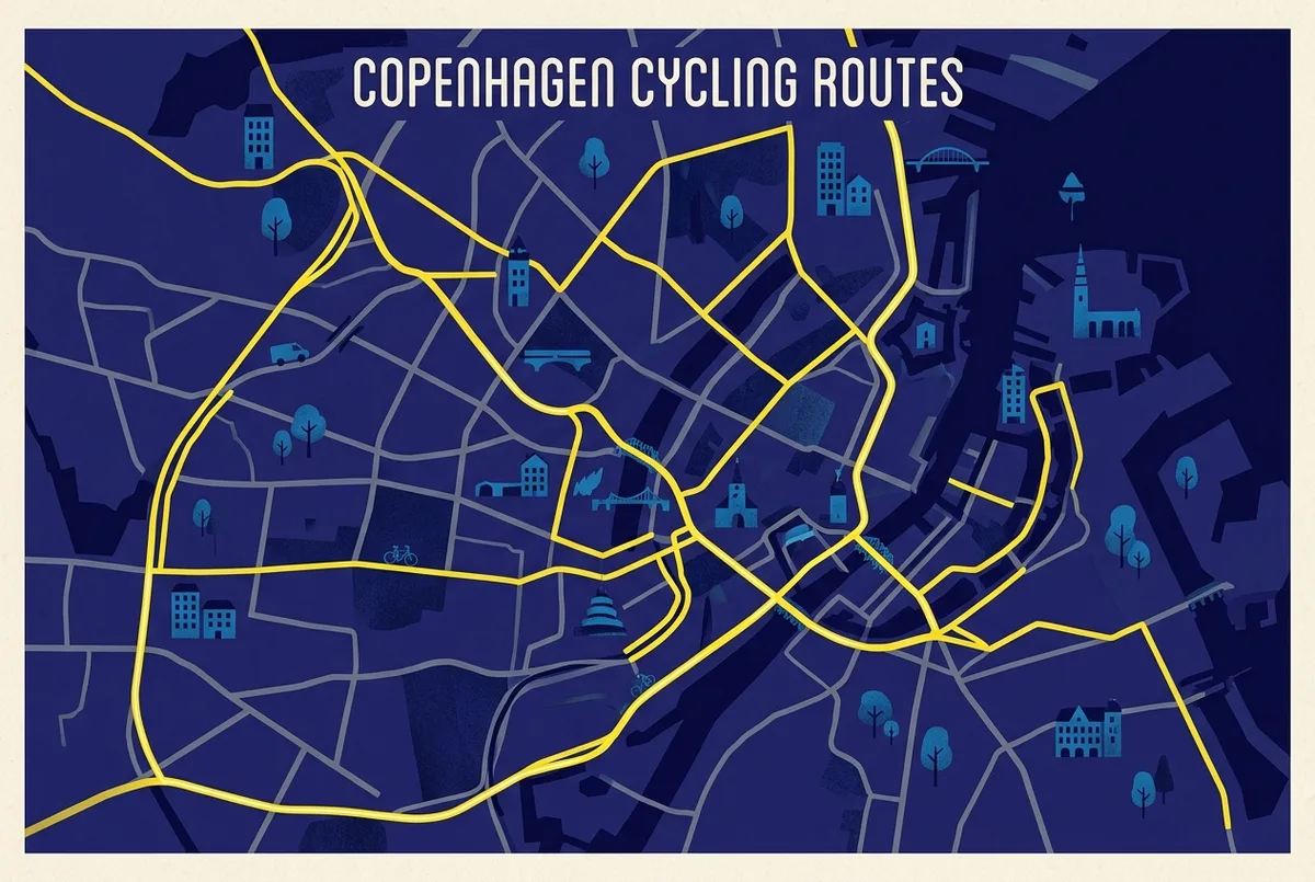 Simple map-style illustration highlighting copenhagen's main lit cycling routes in bright yellow against dimmer unlit side paths in grey, no text or statistics, illustrating cycling at night safety