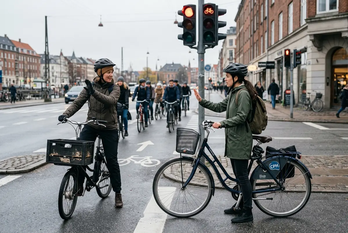 nervous first-time visitor receiving a hand-signal lesson from a local cyclist beside a copenhagen bike lane at a red signal, overcast morning, illustrating riding a bike in copenhagen