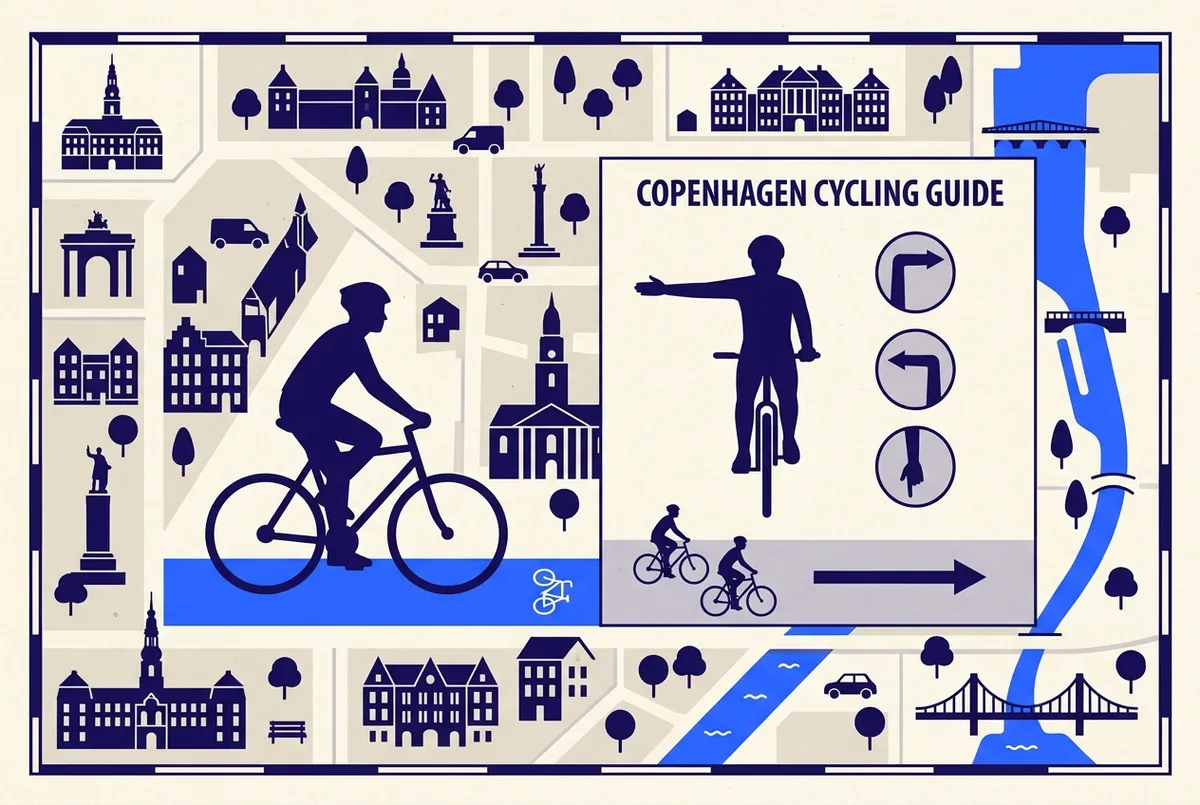simple infographic showing a cyclist silhouette with labeled hand signals for left turn, right turn and stopping, plus an arrow showing which side to pass on a copenhagen cycle track, illustrating cycling tips for first-time visitors to copenhagen